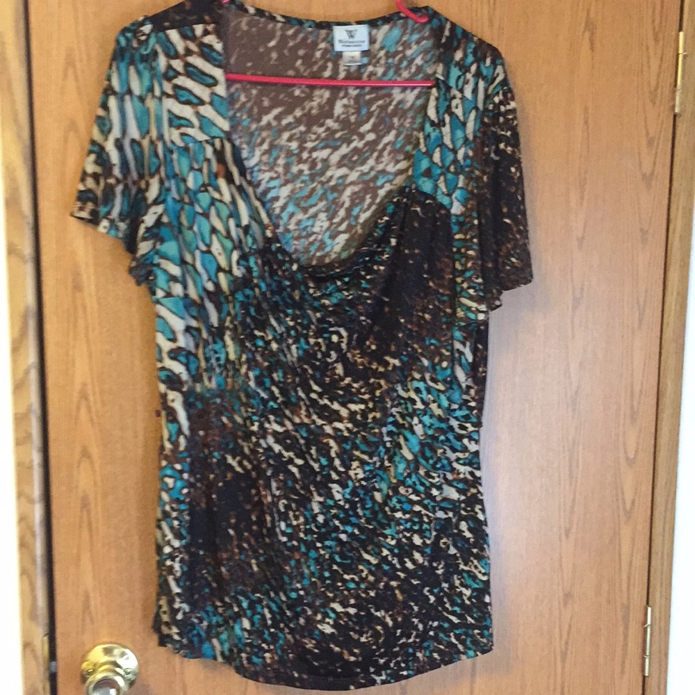 Turquoise and brown short sleeve blouse